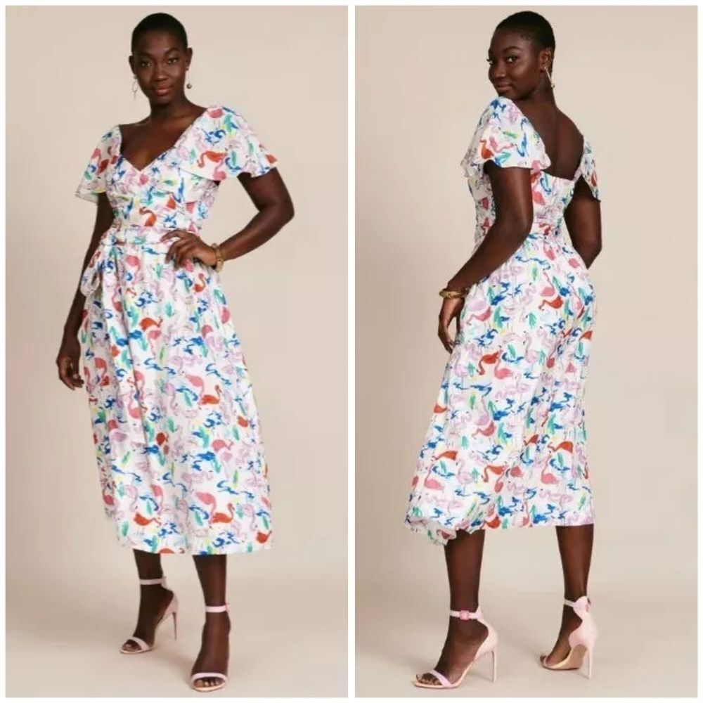 Tanya Taylor Silk The Teigan Flamingo Print White Midi Dress